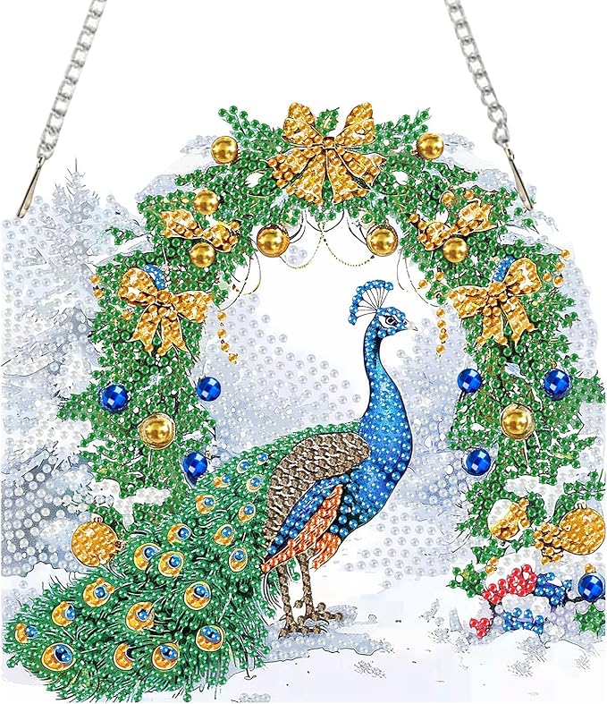 SENQAO Christmas Diamond Art Hanging Kits for Adults Kids, Peacock Diamond Art Suncatchers, 5D Special Shape Diamond Painting Pendant Window Ornament Gifts for Home Door Wall Decor
