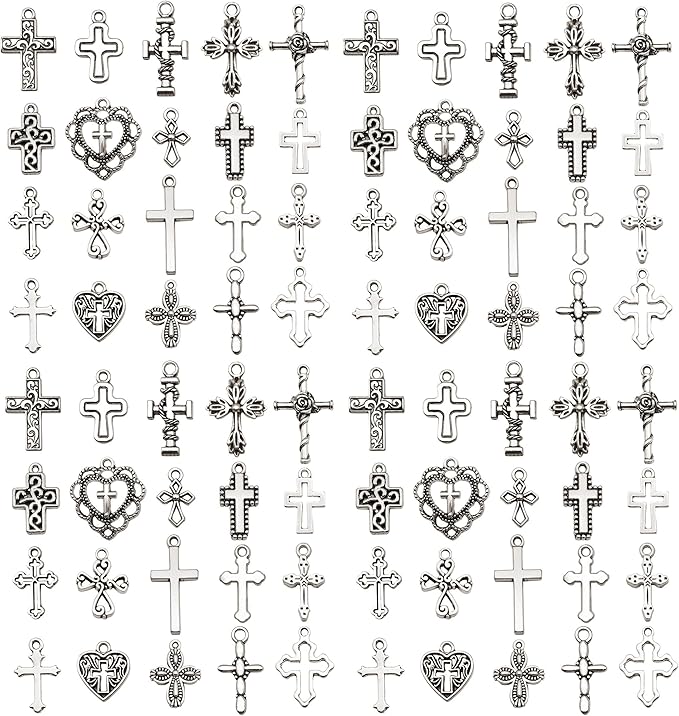 WOCRAFT 60pcs Antique Silver Cross Bracelet Charms for Jewelry Making Sets DIY Necklace Bracelet Keychain Crafting Charms Kit Craft Supplies (SN905)