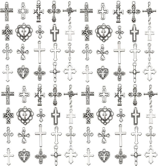 WOCRAFT 60pcs Antique Silver Cross Bracelet Charms for Jewelry Making Sets DIY Necklace Bracelet Keychain Crafting Charms Kit Craft Supplies (SN905)