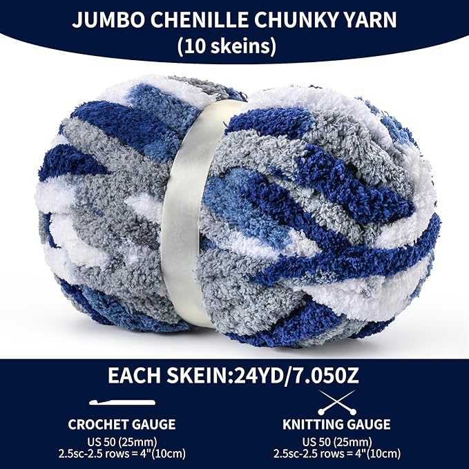 10 Pack Jumbo Chunky Yarn for Hand Knitting, Fluffy Variegated Chunky Chenille Yarn for Crocheting, 240yds/70.5oz Super Bulky Soft Crochet Baby Blanket Yarn(Blue-White)
