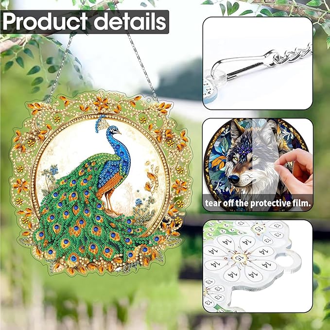 SKRYUIE Peacock Hanging Diamond Art Kits for Adults Pendant Suncatcher, Special Shaped Crystal DIY Pearl Diamond Painting Kit, Gift for Mother Spring Summer Window Wreath Decor 7.88 x 7.68 Inch D7