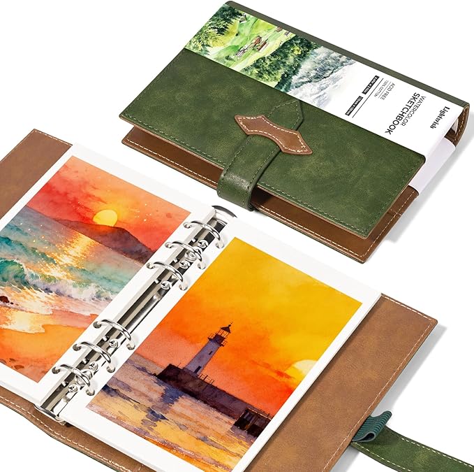 Lightwish Watercolor Sketchbook, 100% Cotton 300gsm Hot Press, 6.69" x 3.94", 20 Sheets, Binder Bound & Refillable, Acid Free Paper for Artists, Adults, Students, Travel Art Journal