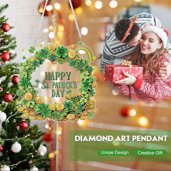 NEWENMO Diamond Art Kit for Adult, Happy St. Patrick's Day, Diamond Art Painting Double Sided Window Pendants for Home Garden Wall Hanging, DIY Special Shaped Gem Hanging Ornaments, Lucky Gold Coin