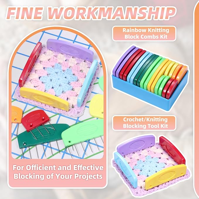 AnoleAir 20 Pcs Knit Blocker Pins Combs, Color Knit Blockers Combs for Blocking, Rainbow Knitting Blockers Pins for Blocking Mats Knitting Pins Kit Knitting Tools, Multi Colors