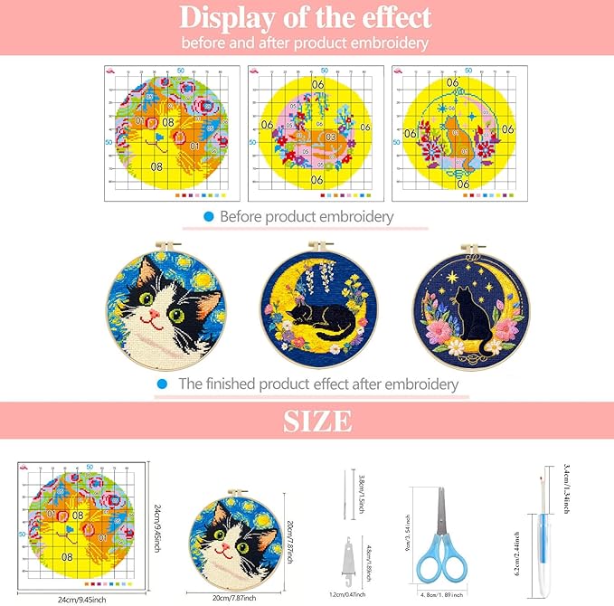 Zhenqing Night Sky Cats Cross Stitch Kit - 3-Piece Set with Pre-Printed 11CT 24x24cm Fabric, Hoop & Tools, Starry Night Theme for Beginners (70413)