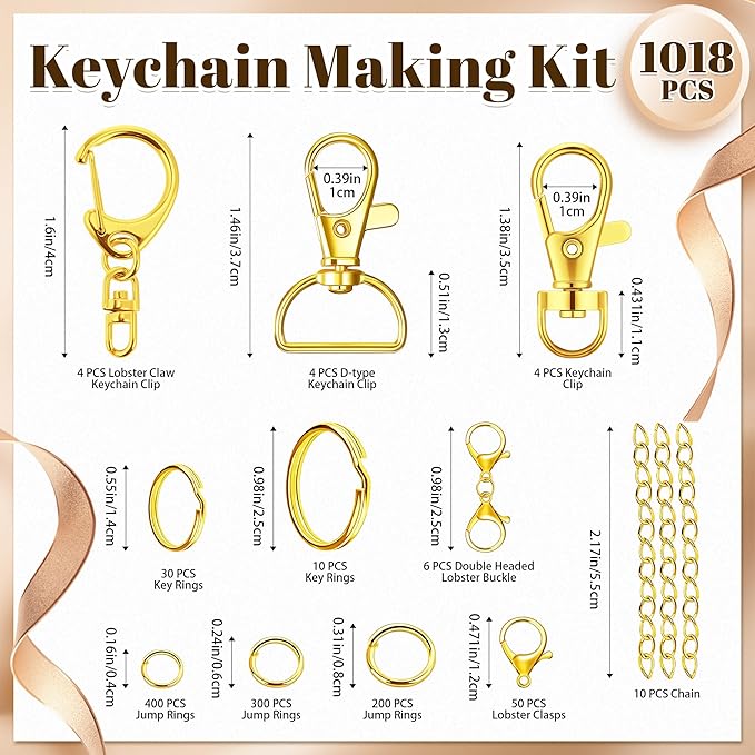 Bsenhe 1018PCS Keychain Making Kit, Key Chain Making Kit Including Lobster Claw D-Type Keychain Clip, Extender Chain, Lobster Clasps, Key Rings and Jump Rings for Jewelry Bracelet Making Supplies