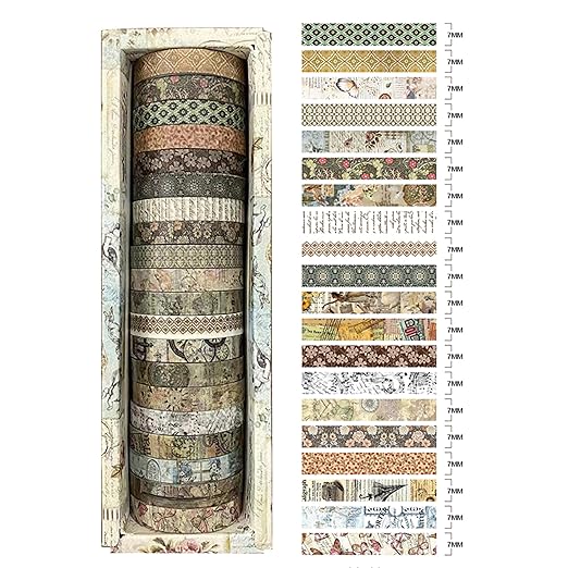 20 Rolls Skinny Vintage Washi Tape Set Retro Arts Adhesive Tapes Basic Patterns Decorative Masking Tape Sets for Craft, Kids, Scrapbook, DIY, Gift Wrapping (Ephemeral Blossoms)