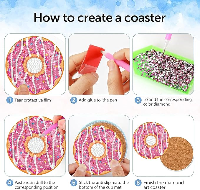 igoodom 8 Pcs Diamond Art Coasters Kit with Holder, DIY Donuts Diamond Painting Coasters for Beginners Adults, Non Slip Diamond Art Kits Craft Supplies 4x4inch