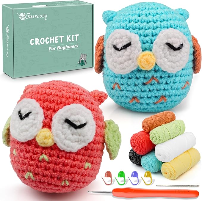 Faircosy 2PCS Beginner Crochet Kit: Amigurumi Crocheting Owls Kits, Starter Kit for Adults and Kids (10Age+) with Detailed Instructions and Tutorial, Surprise Gift for Lover, Family, Friends, Children