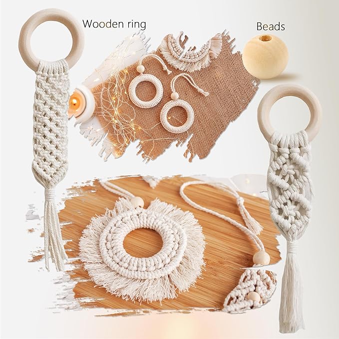 227pcs Macrame Kits 3mm 115yards Wall Hanging Natural Cotton Macrame Cord with Wooden Beads & Rings Wooden Sticks, Metal S-hooks Supplies for Hanging Plant Hand Tassel weaving