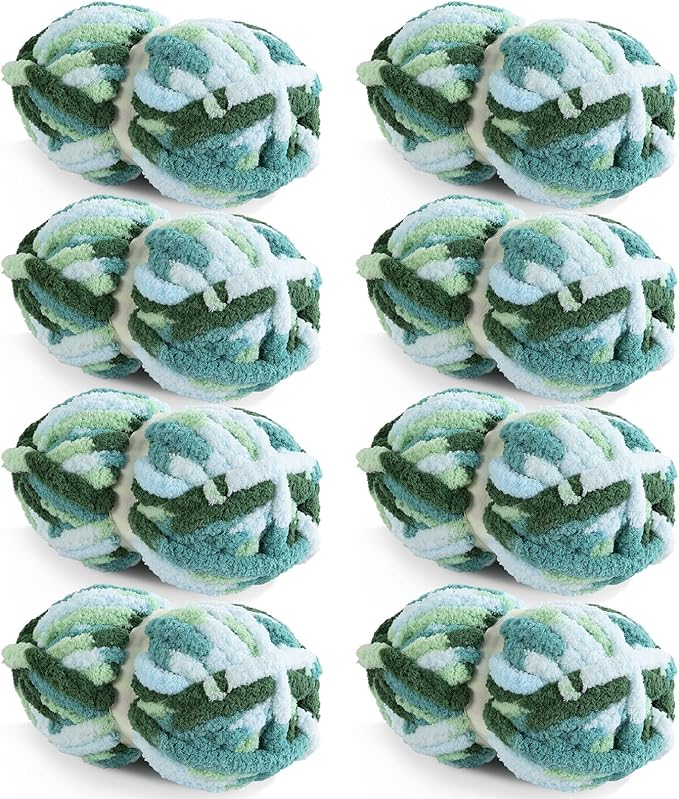 HOMBYS Chunky Tie Dye Mix Chenille Yarn for Hand Knitting, Super Bulky Jumbo Yarn for Crocheting, 3/4" Thick Soft Plush Yarn for Blankets, 8 Skein Pack (26 yds / 7.5 oz Each) Mint, Teal, Green