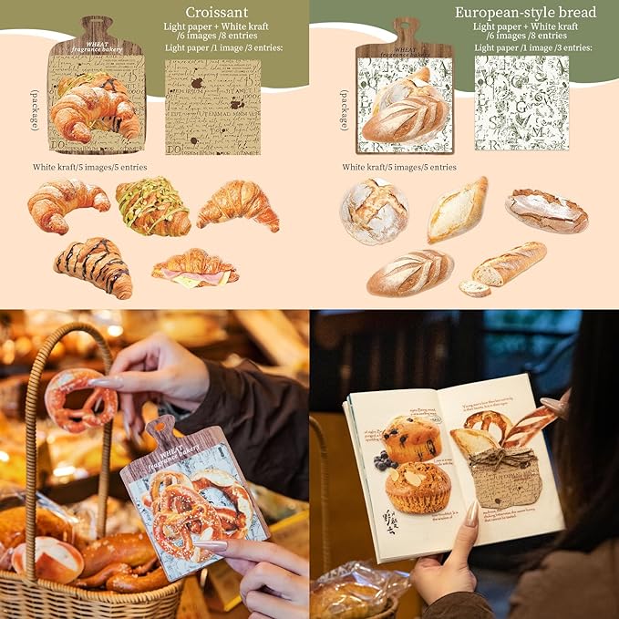 Doukado 48 Pieces Vintage Bread Large Size Stickers and Scrapbook Paper Kit, 6 Pack Aesthetic Decorative Background Scrapbook Stickers for Scrapbooking, Journaling, DIY Crafts and Planner Supplies