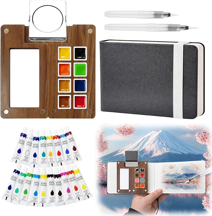 Mini Watercolor Travel Paint Set - 3.7in Mini Watercolor Palette Kit, Pocket Water Color Palette Kit with 18 Colours Paint, Sketchbook, Pens, Wooden Paint Box for Painters Artists Students