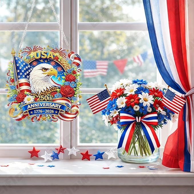 Eiflow Acrylic Diamond Art Hanging Kit for Adults USA Anniversary, DIY Diamonds Painting Door Hanger Board Kit 4th of July, Crystal Patriotic Diamond Art Painting Pendant Ornament (250th Eagle)