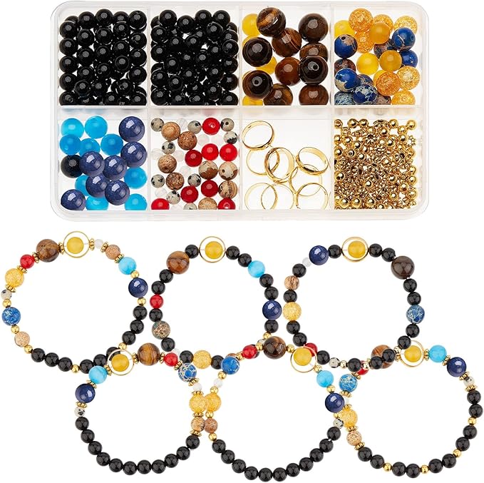 SUNNYCLUE 1 Box 300+Pcs DIY 10 Sets Solar System Bracelets Kit Galaxy Universe The Nine Guardian Planets Obsidian Beads Beading Bracelet Necklace Natural Gemstone Bead for Jewelry Making Kits Craft