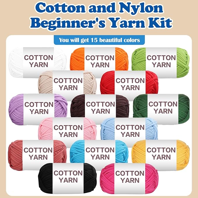 SIMEIQI 15×50g Beginners Yarn Kit for Crocheting and Knitting,Cotton Nylon Blend Yarn for Hand DIY Bag Basket Dolls and Cushion A