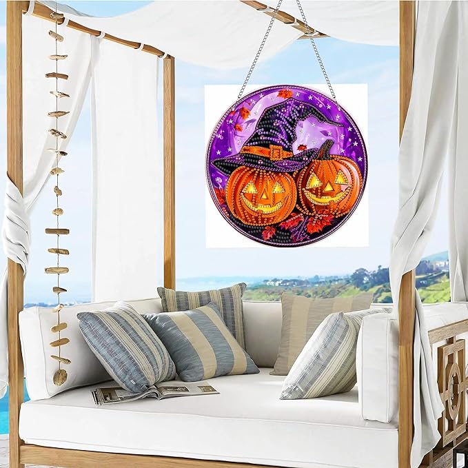 VAIIEYO Halloween Diamond Art Hanging Ornament, Pumpkin Diamond Painting Suncatchers Window Hanging Kit with Chain, 7.5x7.5 inch Crystal Pendant Art Craft for Gift Home Wall Front Door Decoration