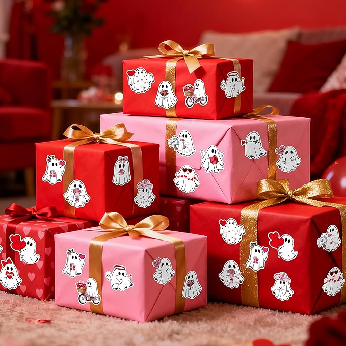 h1vojoxo valentine's day sticker rolls - 1000pcs valentine’s day ghost stickers 16 designs pink red cute ghost label tag seal stickers for kids craft envelope water bottle valentines party supplies