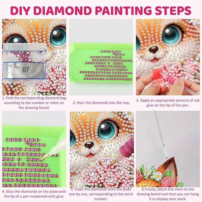 MEIYUDA Fox Diamond Art Hanging Kits for Adult, Flowers Fox Diamond Painting Hanging Kits Ornaments, Animals DIY Special Shaped Rhinestone Window Pendants kit for Home Garden Wall Decor Gift
