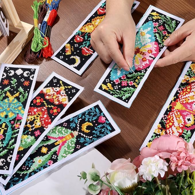 ORIGACH 6 Pcs Cross Stitch Bookmark Kit for Beginner Adults, Vivid Moths Stamped Embroidery Bookmark Kit with Instruction for Starters Printed Cross Stitch DIY Kits for Book Lovers