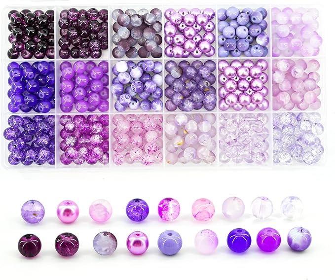 Hanyoung 8mm Glass Beads for Bracelet, Violet Elegant Series Purple 18 Colors 450 pcs Beads for Jewelry Making kit, Crystal Glass Round Beads for DIY Crafts Gifts (Purple Color)