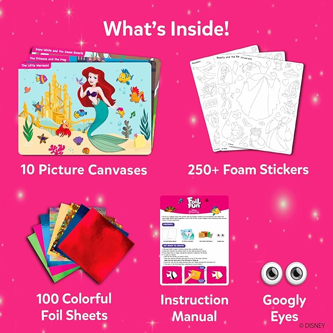 skillmatics foil fun - disney princess, mess-free art & craft kits for kids, diy activity, travel toy, perfect valentine’s day gift for fans of moana, cinderella, ariel, jasmine, ages 4, 5, 6, 7, 8, 9