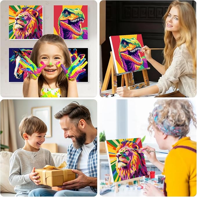 Lxmsja 4 Pack Pop Neon Animal Paint by Numbers Kit for Adults, Easy Framed Paint by Numbers for Adults Beginner, DIY Acrylic Oil Painting Craft Kits for Home Wall Decor 8x8 inch