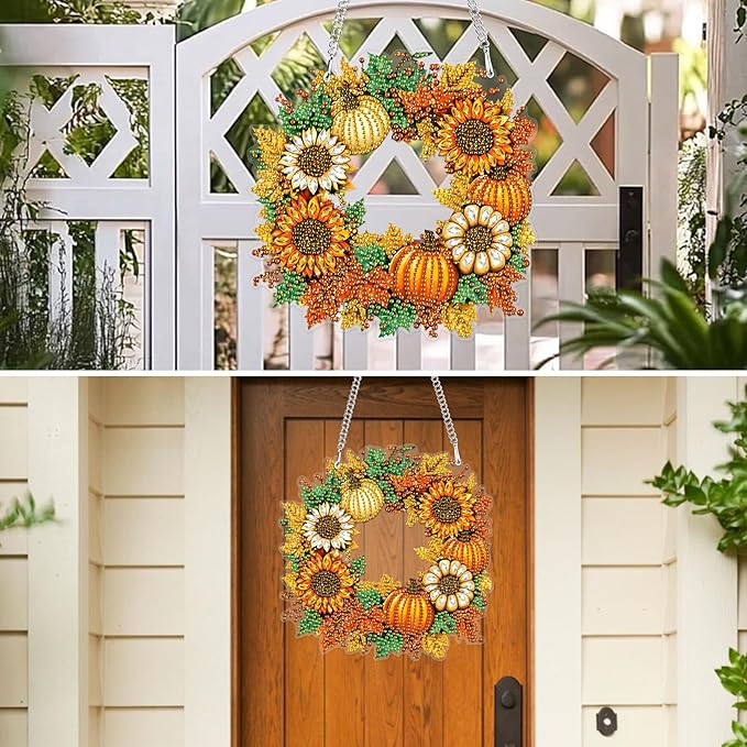 MXJSUA Halloween Special Shaped Hanging Pumpkins Wreath Diamond Painting Art Kits for Adults, Crystal Rhinestone Acrylic Gem Art Sunflowers Pendant Ornaments Kit for Home Decor and Gift 7.7*7.7 Inch