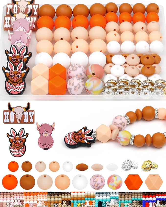 112PCS FIVEIZERO 12mm 15mm Cow Focal Silicone Beads for Keychain Making, Round, Lentil, Hexagonal, Print, 10mm Rhinestone Rondelle Spacers Beads for Bracelet, Pens, Necklace Crafts(Pink Orange)
