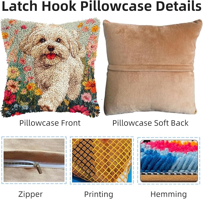 DIY Latch Hook Pillow Kits for Adults Happy Havanese Dog Running in Flowers Printed Pillowcase Crochet Yarns Hooking Handmade Pillow Cover Cushion for Home Sofa Decor 17x17inch(3)