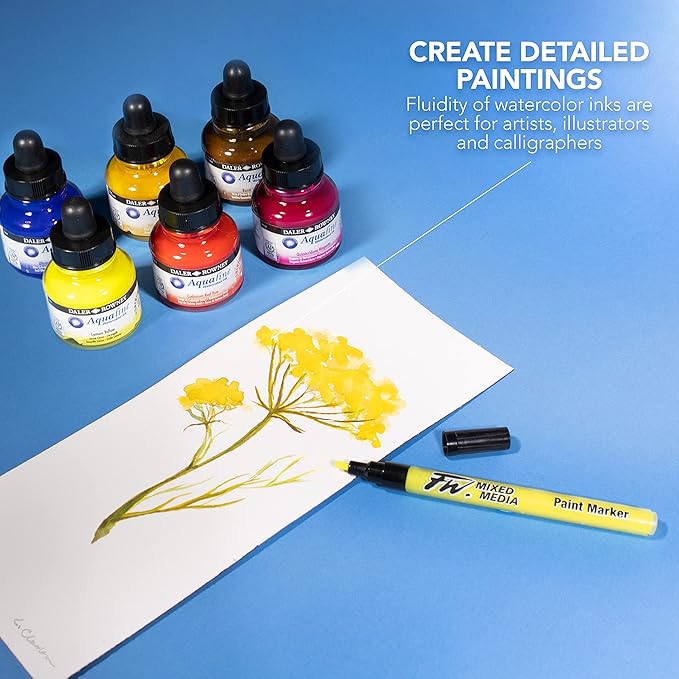 Daler-Rowney Aquafine Watercolor Ink 6-Color Intro Set with Marker - Versatile Liquid Watercolor Ink for Artists and Students - Use with Paint Brushes, Technical Pens, Airbrushes, and Paint Markers