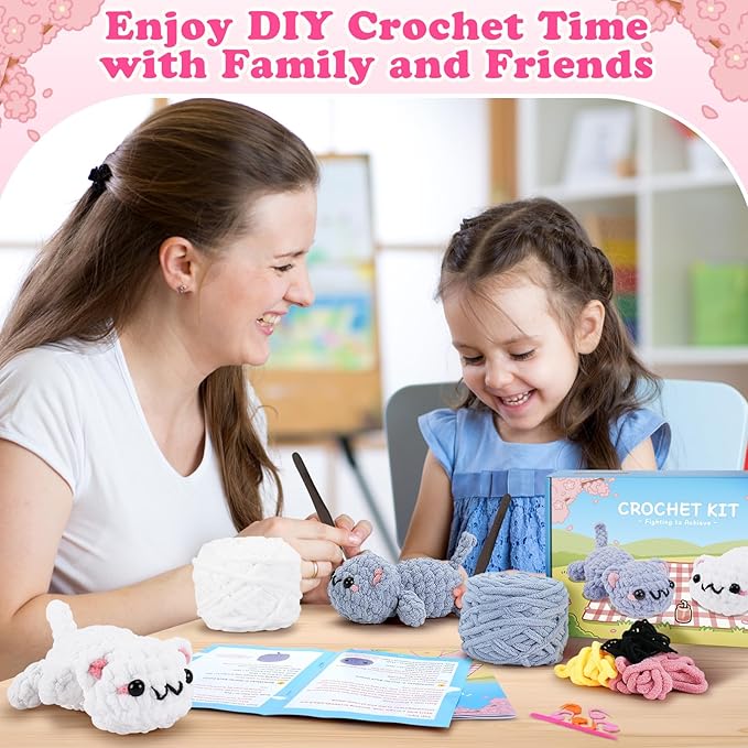 Crochet Kit for Beginners-2PCS Kitty Crochet Kit with Step-by-Step Video Tutorials, Crochet Starter Kit for Adults, Learn to Crochet Cats, Beginner Crocheting Kit Easy Peasy Yarn Gifts for Birthday