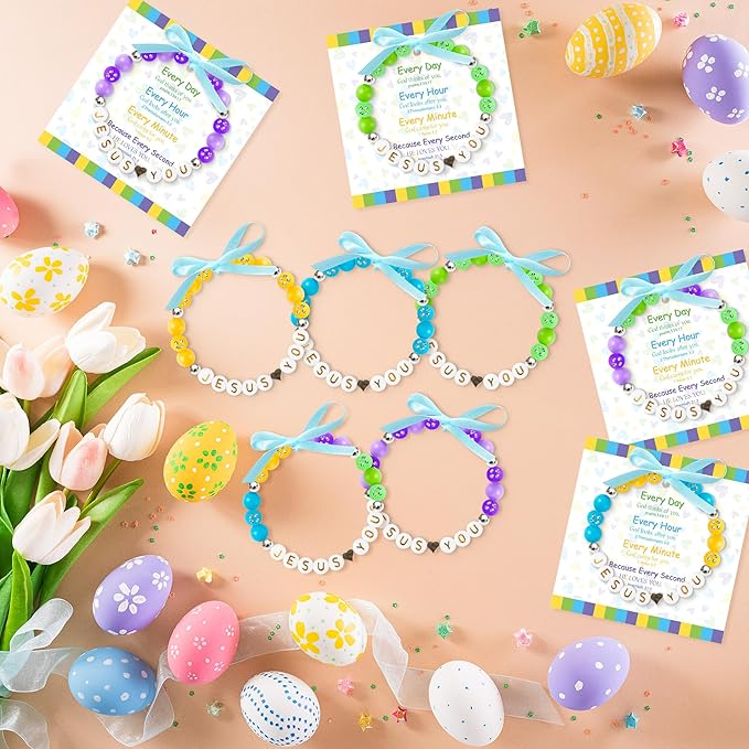 BeYumi Easter Christian Bracelet Craft - 24Pcs Easter DIY Religious Jesus Love You Letter Beads Bracelet with Bible Verse Gift Cards Jesus Faith Craft Kit VBS Week Sunday School Church Party