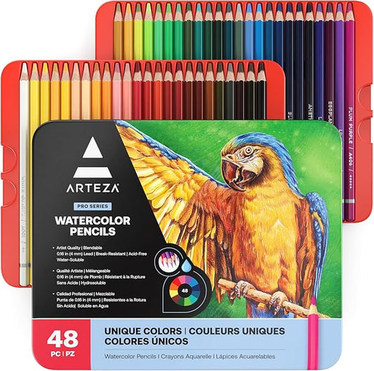 ARTEZA Watercolor Pencils Set of 48 Water-Soluble Colored Pencils for Blending, Layering, Painting, Lightfast Pigments with Soft Cores in Tin Case, Art Supplies for Adults, Artists, Holiday Gift Set