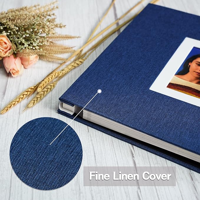 Vienrose Photo Album Self Adhesive for 2x3 4x6 5x7 8x10 Pictures DIY Scrapbook 60 Blank Pages Linen Cover Memory Book for Wedding, Baby Growth, Travel, Blue