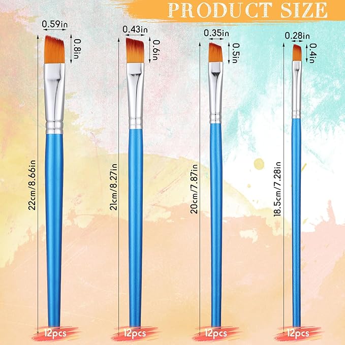 Sherr 48 Pcs Paint Brush Set Bulk Acrylic Brush Wood Paint for Detail Art Crafts Kids Artist Adult Watercolor Oil Face Body(0.28, 0.35, 0.43, 0.59 Inch,Angle Style)