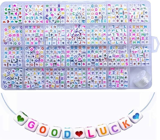 Amaney 810pcs Colorful Letter Beads 6x6mm Cube Acrylic Alphabet Beads and Cristal Line for Jewelry Making Bracelets Necklaces Key Chains
