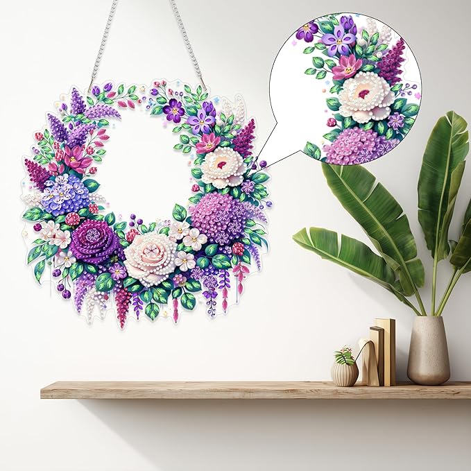 Aeepics Hanging Diamond Art Kit for Adult, DIY Diamonds Painting Pendant Ornament Kit, Acrylic Diamond Art Painting Board Kit (Purple Flower Wreath)