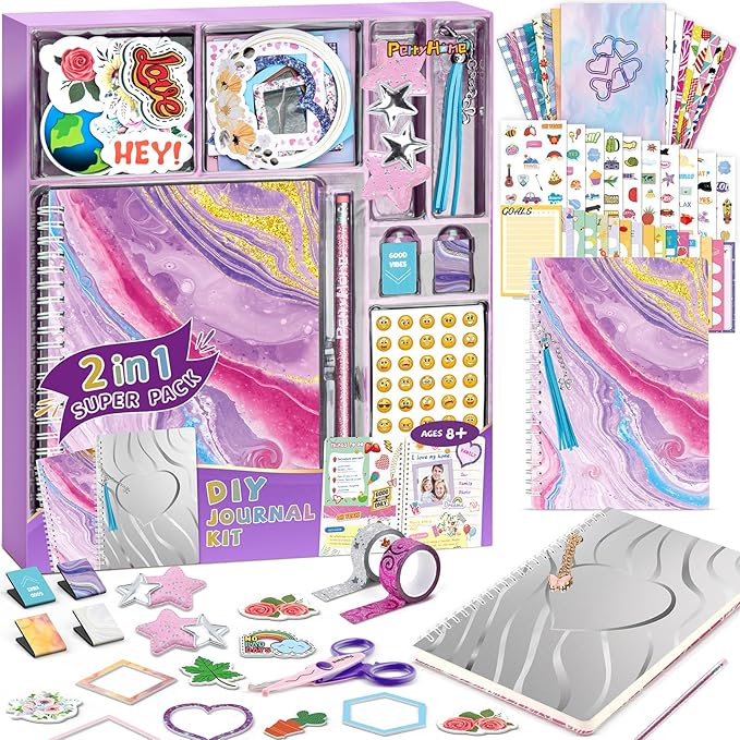 perryhome 2-pack diy journal kit for girls - 200+pcs journal set for tween & teen girls, journaling art & crafts kits, christmas gifts for 8 9 10 11 12 13 14 year old girl,scrapbook&diary supplies set