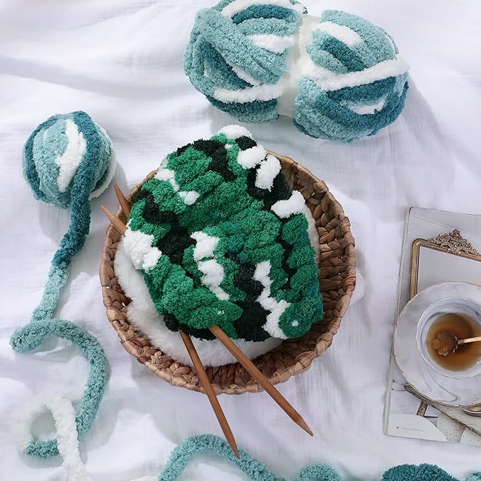 HOMBYS Chunky Tie Dye Mix Chenille Yarn for Hand Knitting, Super Bulky Jumbo Yarn for Crocheting, 3/4" Thick Soft Plush Yarn for Blankets, 8 Skein Pack (26 yds / 7.5 oz Each) Blue Multi,White