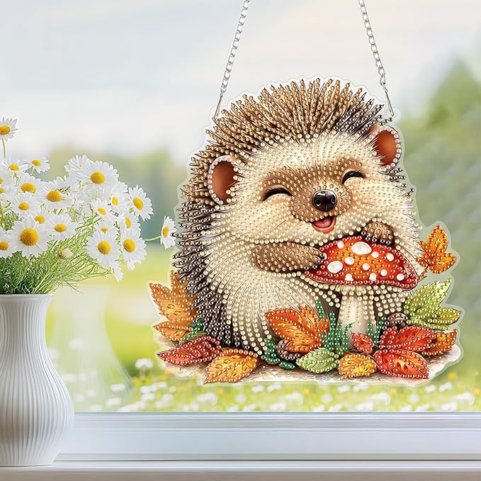 Hanging Diamond Art Kit for Adult, Autumn Hedgehog, 5D Special Shaped Rhinestone Diamond Painting Ornament, Cute Hedgehog, DIY Acrylic Diamond Art Painting Window Pendants Home Garden Wall Decor