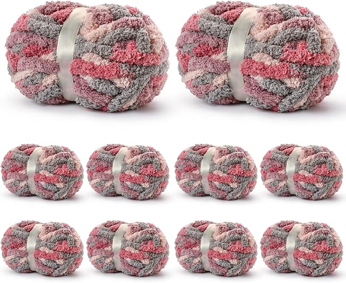 10 Pack Jumbo Chunky Yarn for Hand Knitting, Fluffy Variegated Chunky Chenille Yarn for Crocheting, 240yds/70.5oz Super Bulky Soft Crochet Baby Blanket Yarn(Grey-Pink-Purple)
