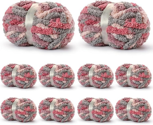 10 Pack Jumbo Chunky Yarn for Hand Knitting, Fluffy Variegated Chunky Chenille Yarn for Crocheting, 240yds/70.5oz Super Bulky Soft Crochet Baby Blanket Yarn(Grey-Pink-Purple)