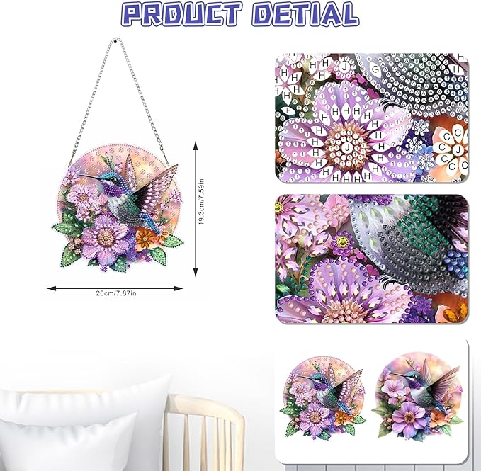 KEYIFA Hummingbird Diamond Painting Kit, DIY Flower Diamond Art for Adults, Diamonds Pendant Special Shaped Rhinestone Window Hanging Ornaments Home Garden Wall Door Decoration, 20cm Width