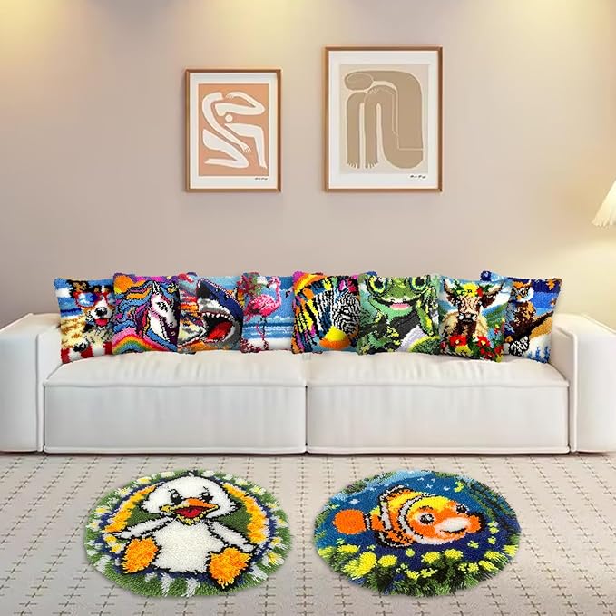 veirousa Shark Latch Hook Kits for Adults, Beginners DIY Hooked Throw Pillow Kit Pre-Printed Pillowcase Hook and Latch Rug Kits Cross-Stitch Cushion Cover for Home Sofa Decoration 17x17 inch