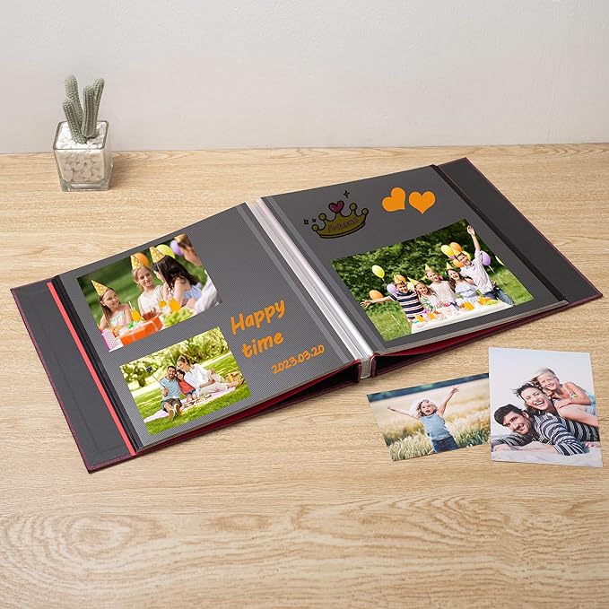 Large Photo Album Self Adhesive 4x6 8x10 10x12 13"x12.6" Scrapbook Album 12.6"x11" Inch 60 Black Sticky Pages Linen Cover Magnetic Photo Album with A Metallic Pen and DIY Stickers(Purple)