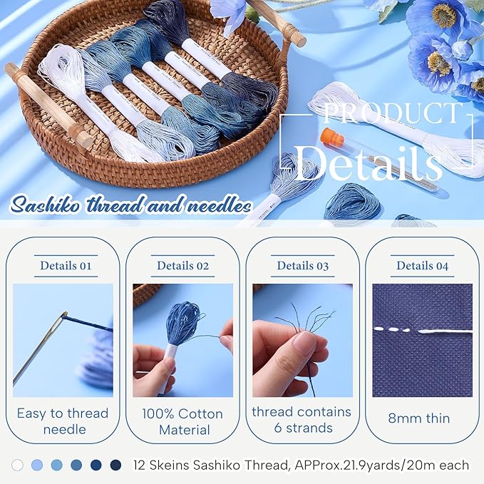 Zeyune 12 Skeins Blue Sashiko Thread Kit 100% Cotton with Sashiko Needles 20m(21.8yds) Thread for Hand Quilting and Embroidery Projects Pick Stitching Denim