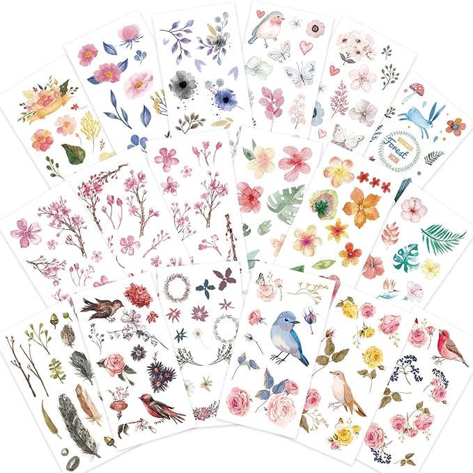 Knaid Watercolor Birds and Flowers Stickers Set - Decorative Sticker for Scrapbooking, Kid DIY Arts Crafts, Album, Bullet Journaling, Junk Journal, Planners, Calendars and Notebook