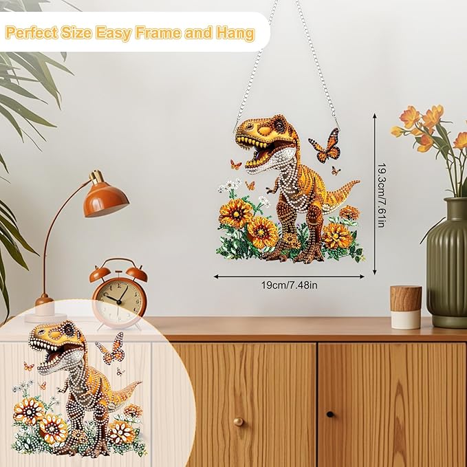 TOSTOG Mighty Dinosaur Diamond Art Pendant Kit for Adult, Yellow Diamond Painting Hanging Kit for Beginners, 5D DIY Crafts Gem Art, Waterproof Full Accessories for Home Decor Idea 20 * 20 cm/8 * 8 in