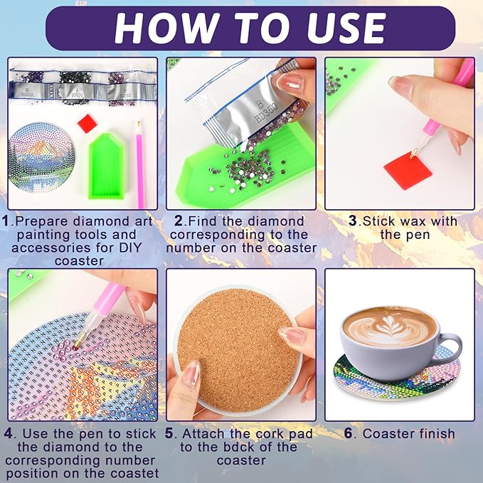 UPINS 8 Pcs Diamond Art Painting Coasters with Holder,Landscape DIY Diamond Art Paintings Coaster Kits Drink Coasters for Birthday Presents Beginners Craft Supplies Adults